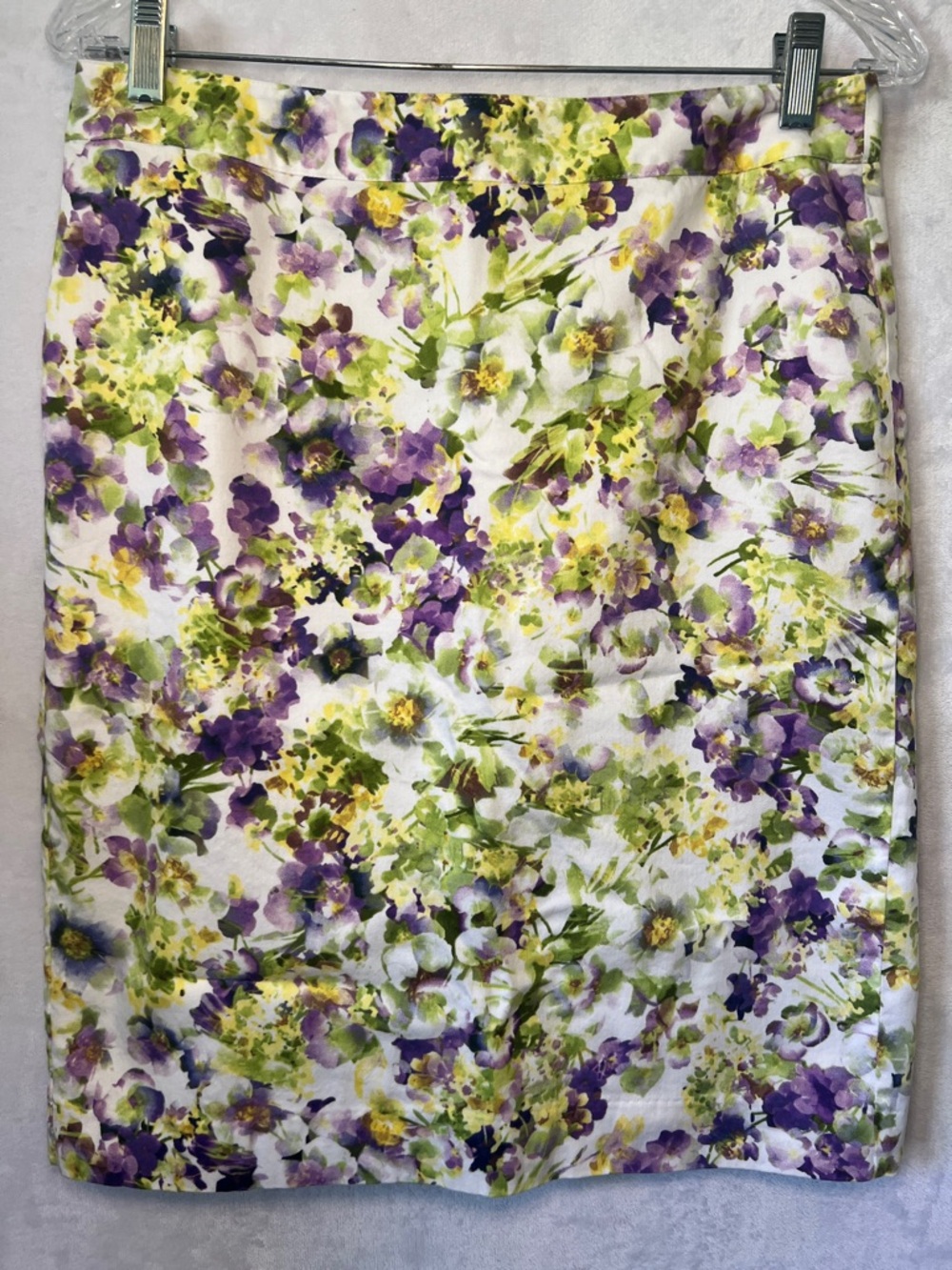 Floral A-Line 100% Cotton Pencil Skirt Purple Green Garden Print Women’s Size 6